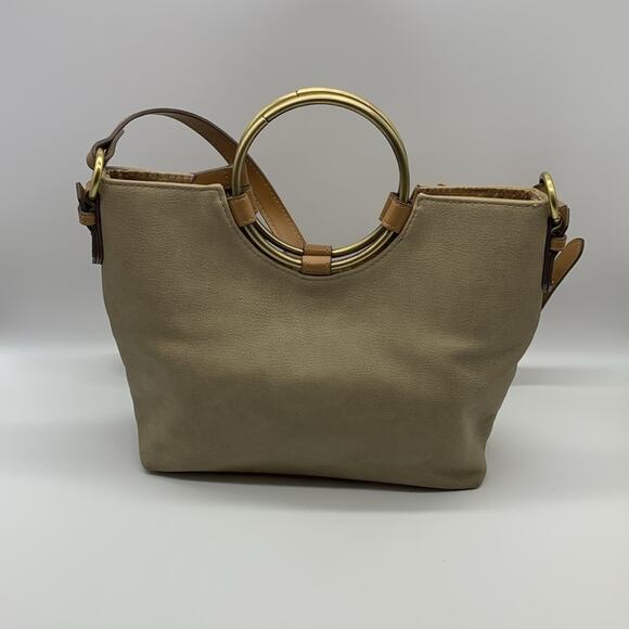 Elle & Jae Gypset Floral Detail Crossbody Purse Bag Brass Ring Handle Tan Beige - Picture 6 of 16